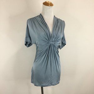 BCBGMAXAZRIA Shiny Stretch Slate Blue Knot Front V Neck Flutter Sleeve Shirt